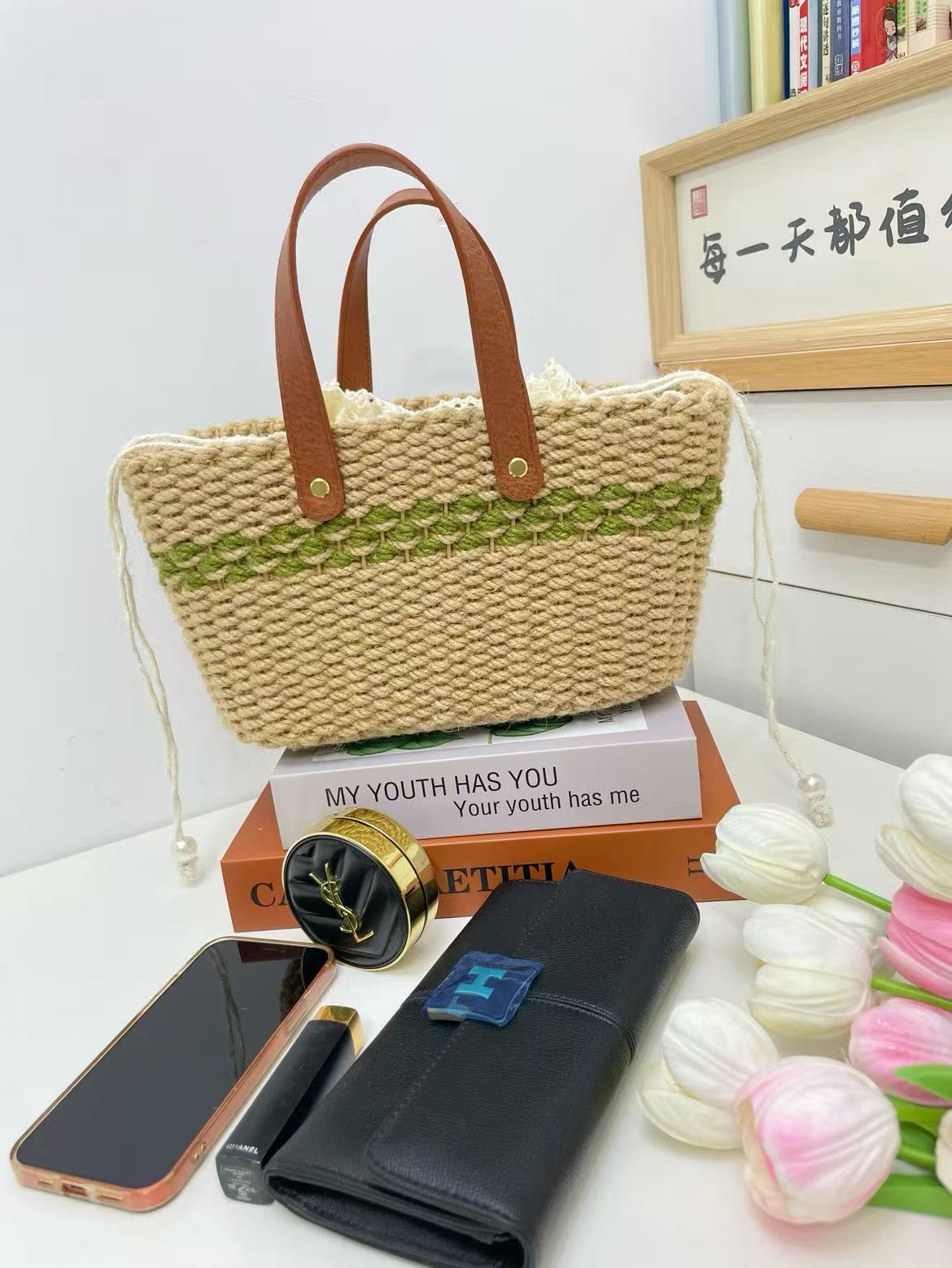 Hemp rope Diy bag with leather handle